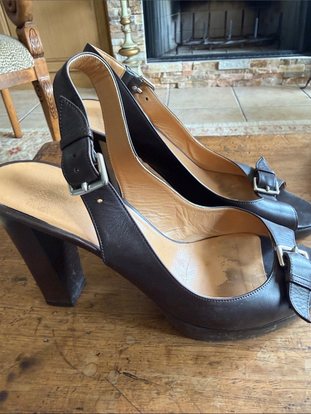 Hermes Dark Brown Leather Slingback Heels with Buckle